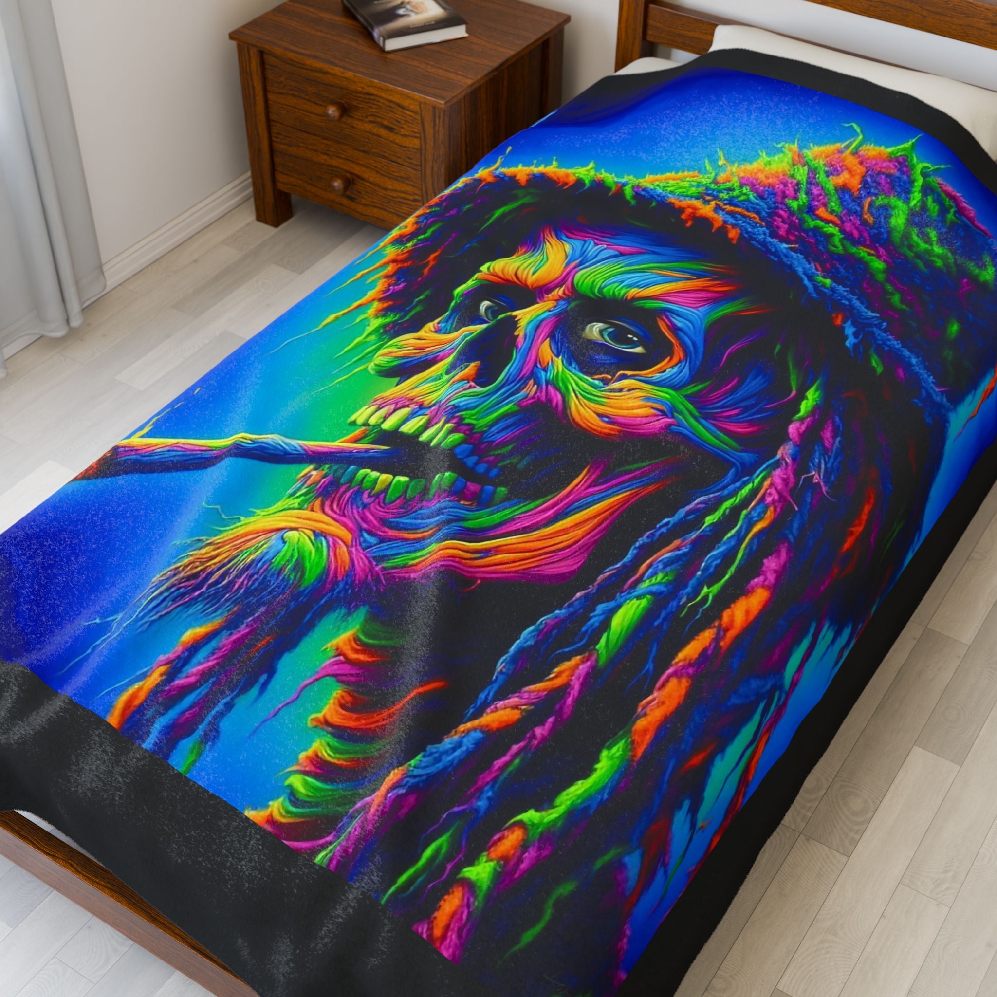 Guardian of the Field of Dreams Vibrant Skull Plush Blanket, Bohemian Decor, Unique Gift, Cozy Vintage Vibe, Chill Out Essentials, Artsy Home Accessory