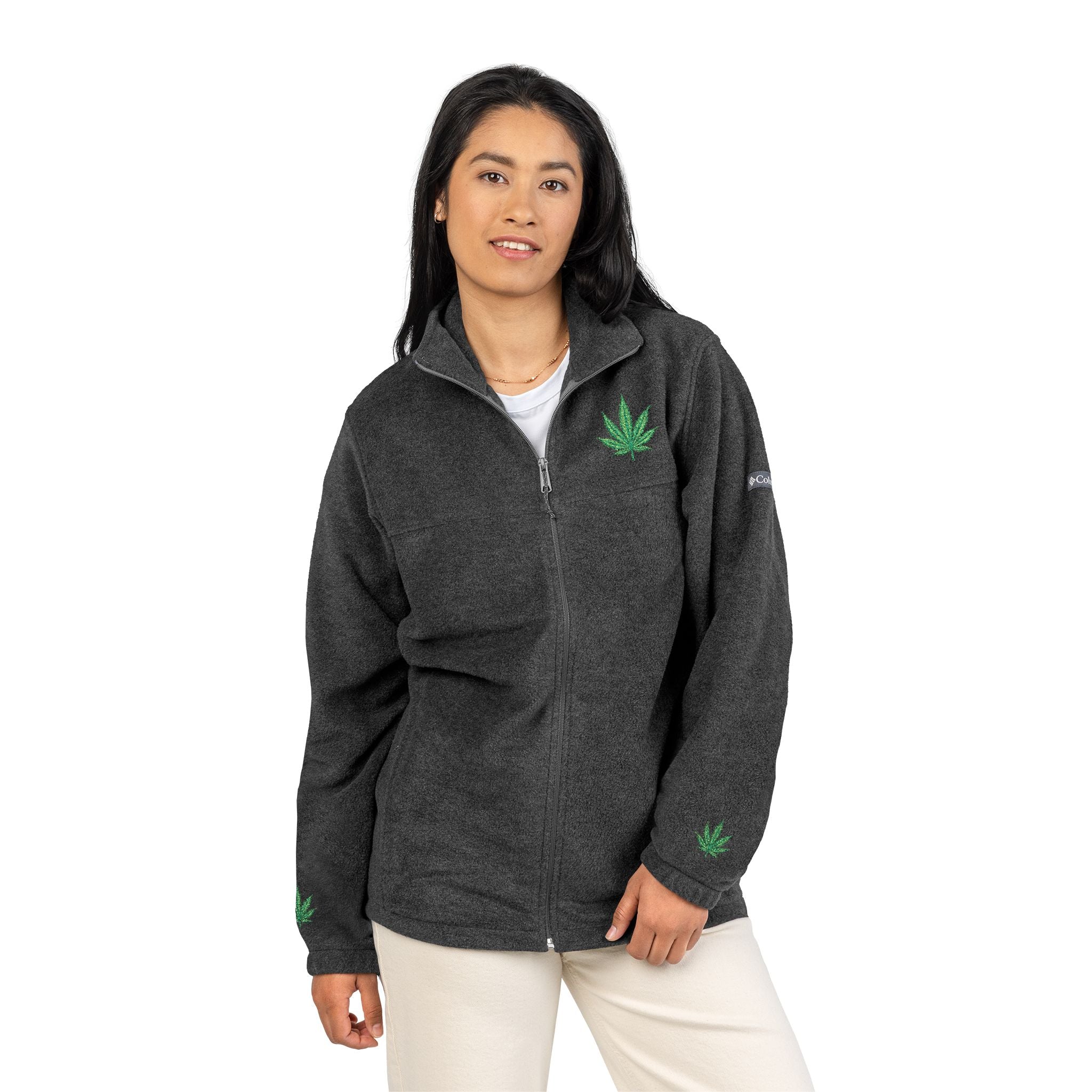 Embroidered Cannabis Leaf Charcoal Gray Fleece Jacket, Cozy Fleece Jacket, Unisex Outdoor Wear, Perfect for Hiking, Casual Outing, Gift for Nature Lovers, Relaxed Fit