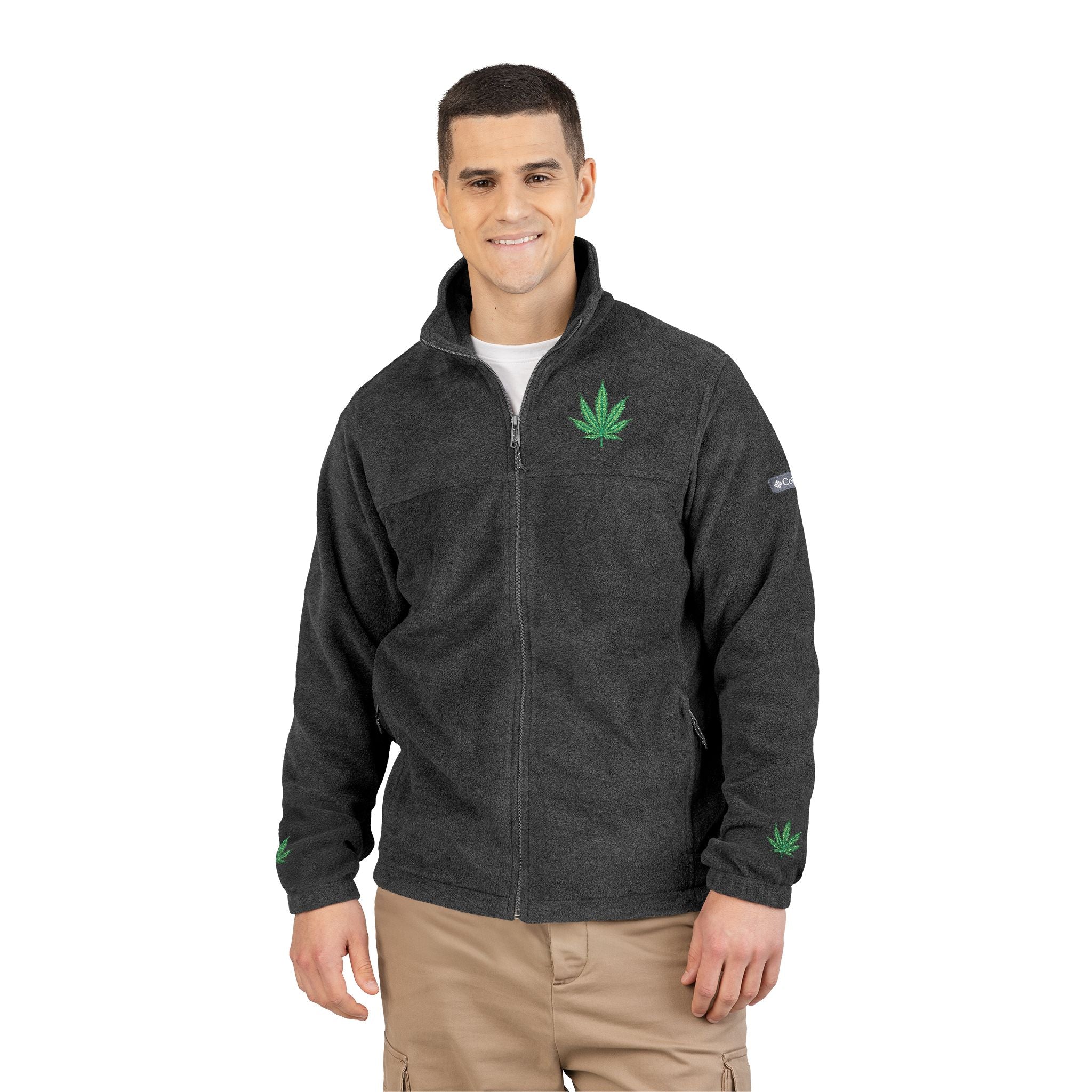 Embroidered Cannabis Leaf Charcoal Gray Fleece Jacket, Cozy Fleece Jacket, Unisex Outdoor Wear, Perfect for Hiking, Casual Outing, Gift for Nature Lovers, Relaxed Fit