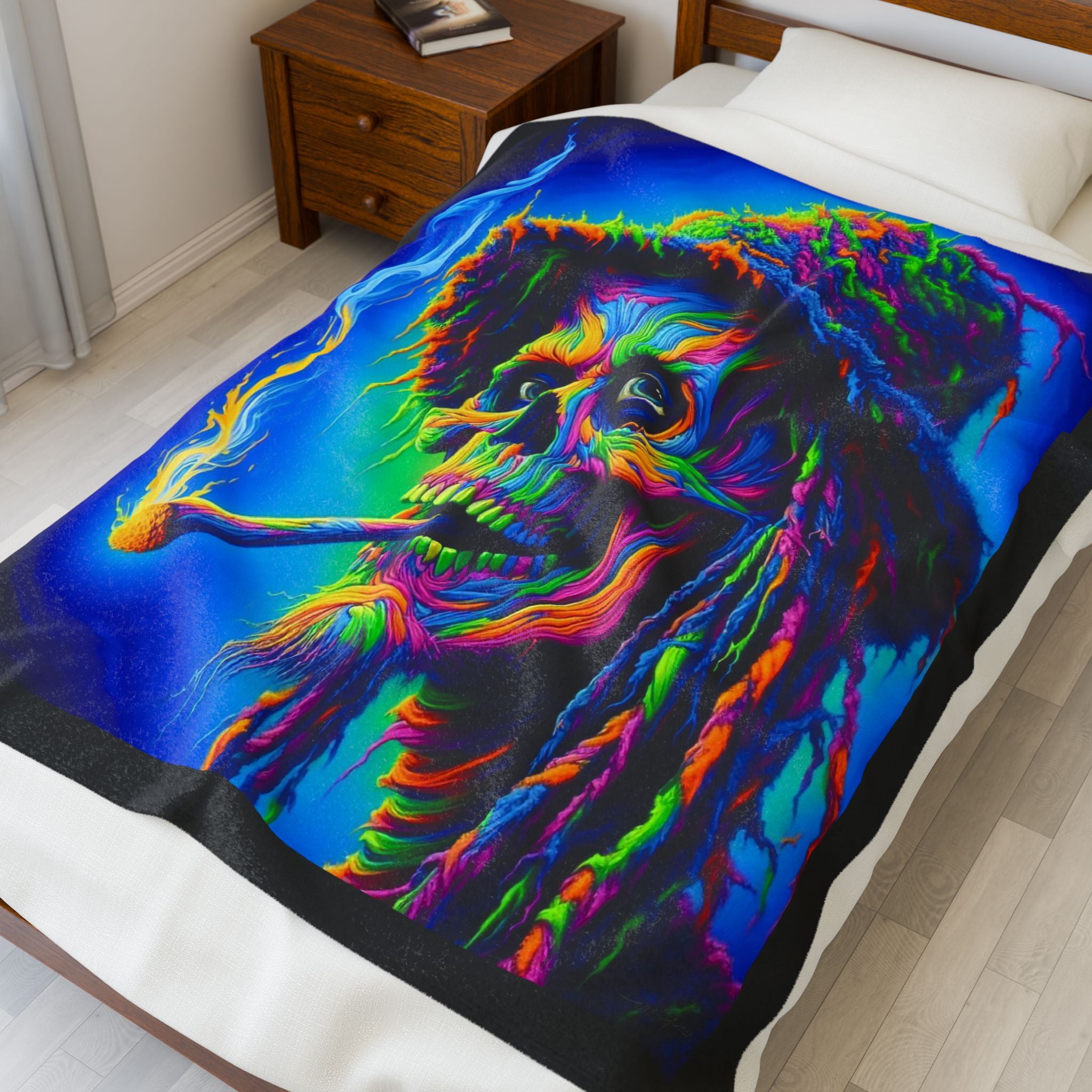Guardian of the Field of Dreams Vibrant Skull Plush Blanket, Bohemian Decor, Unique Gift, Cozy Vintage Vibe, Chill Out Essentials, Artsy Home Accessory