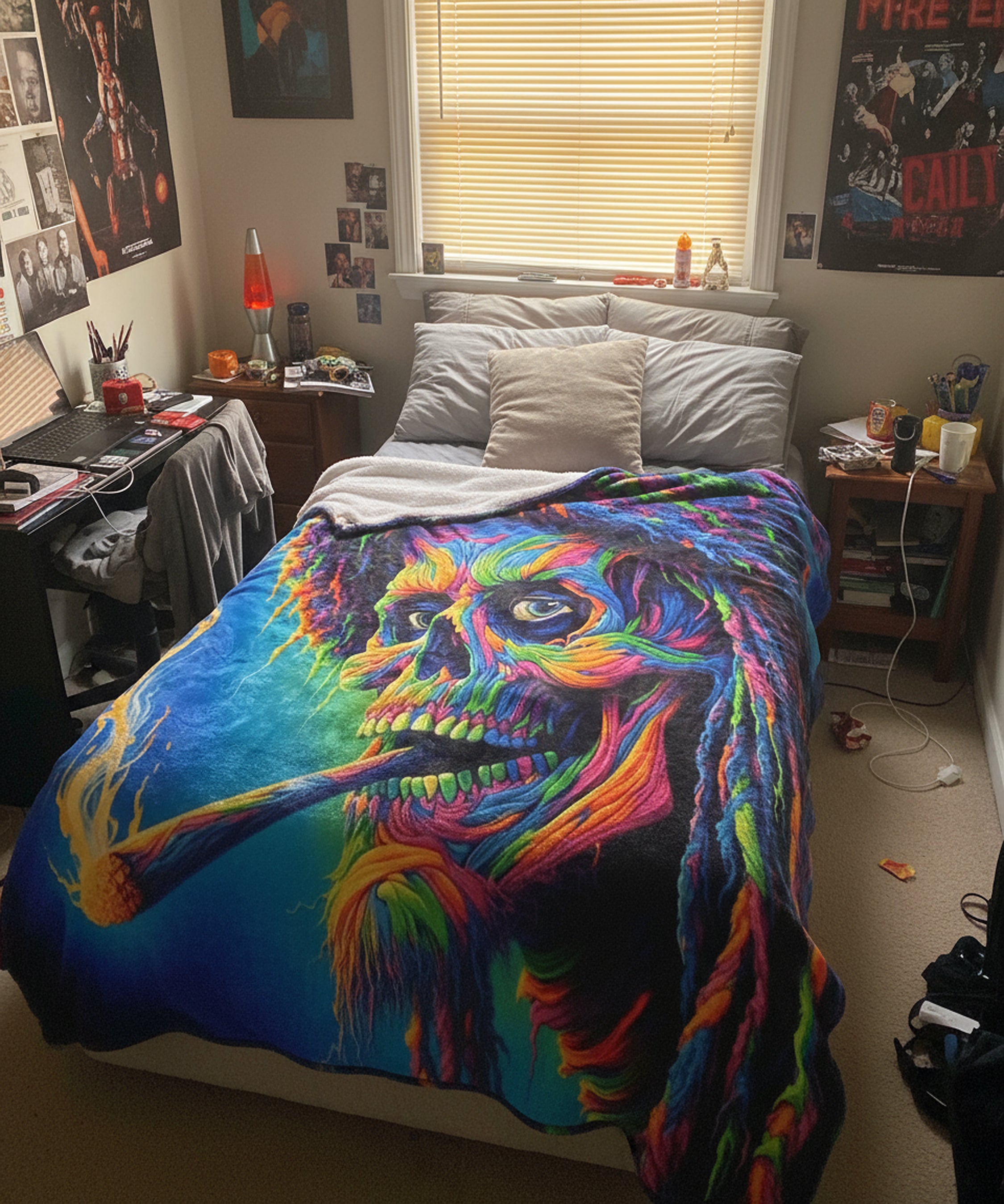 Guardian of the Field of Dreams Vibrant Skull Plush Blanket, Bohemian Decor, Unique Gift, Cozy Vintage Vibe, Chill Out Essentials, Artsy Home Accessory