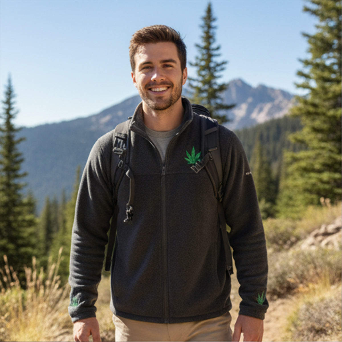 Embroidered Cannabis Leaf Charcoal Gray Fleece Jacket, Cozy Fleece Jacket, Unisex Outdoor Wear, Perfect for Hiking, Casual Outing, Gift for Nature Lovers, Relaxed Fit