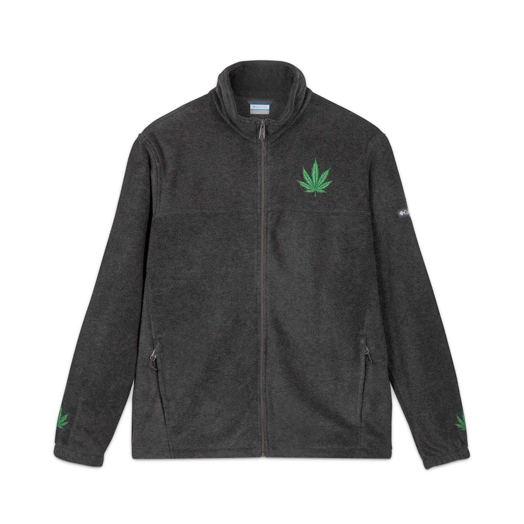 Embroidered Cannabis Leaf Charcoal Gray Fleece Jacket, Cozy Fleece Jacket, Unisex Outdoor Wear, Perfect for Hiking, Casual Outing, Gift for Nature Lovers, Relaxed Fit